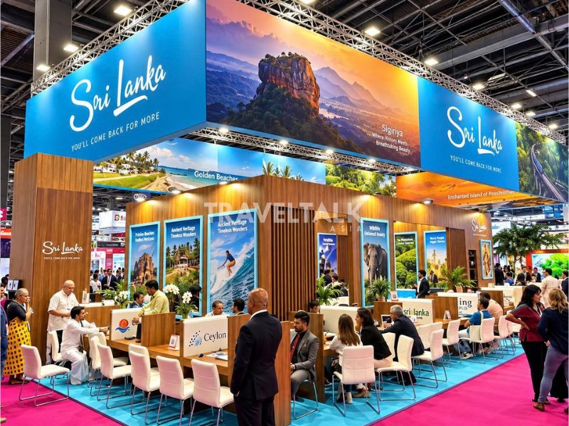 AI-generated illustration of a Sri Lankan tourism pavilion at an international travel fair in Paris, with Ceylon Tea, a Kandyan dancer and European buyers meeting Sri Lankan tourism suppliers